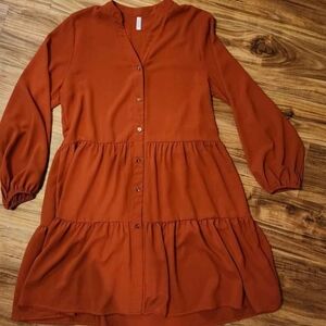 Casual Orange V-Neck Babydoll Dress with Bishop Sleeves